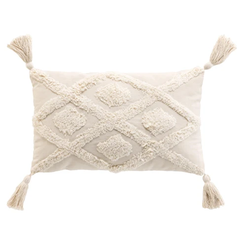 Coussin bohème tufté déhoussable  30 x 50 CM Blanc cassé