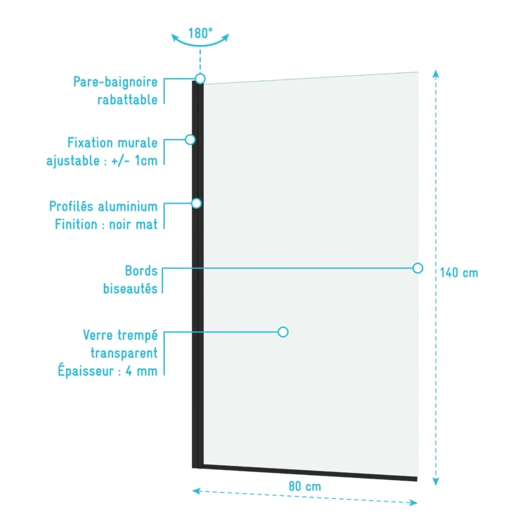 Pare baignoire rabattable en verre trempé