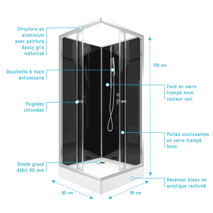 Cabine de douche carrée avec portes coulissantes en verre trempé