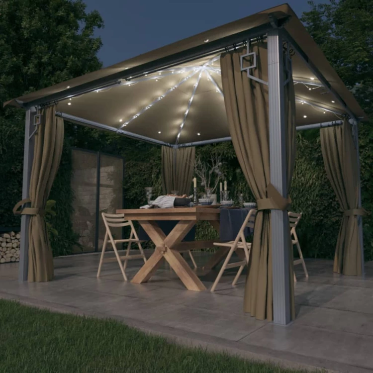 Pérgola con cortinas y luces LED de 3x3 m