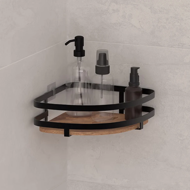 Etagère de douche d'angle sans perçage en bois