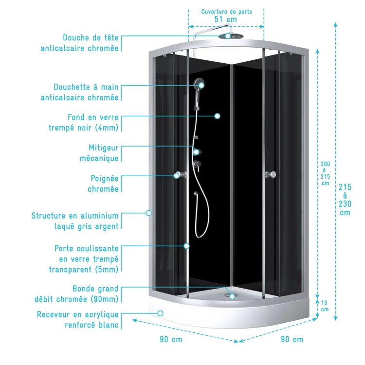 Cabine de douche 1/4 de cercle minimaliste design contemporain