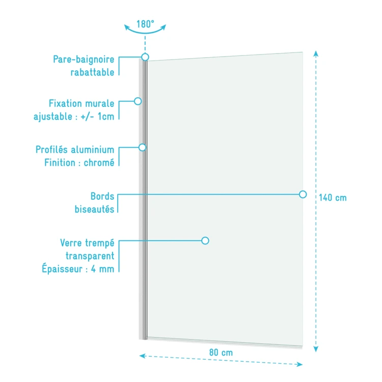 Pare baignoire rabattable en verre trempé