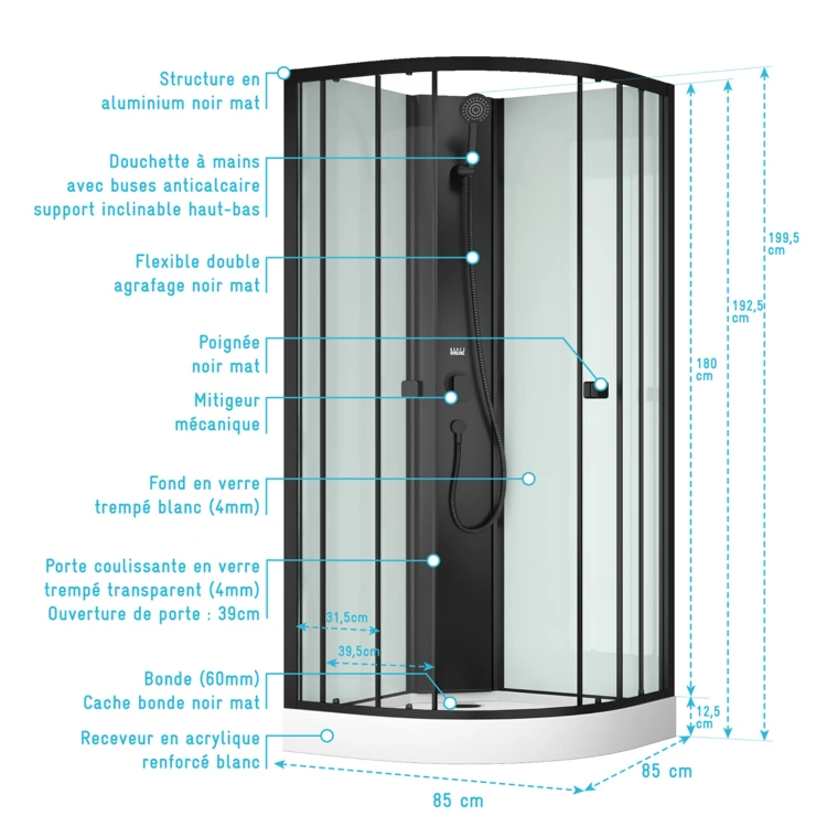 Cabine de douche 1/4 de cercle minimaliste style contemporain