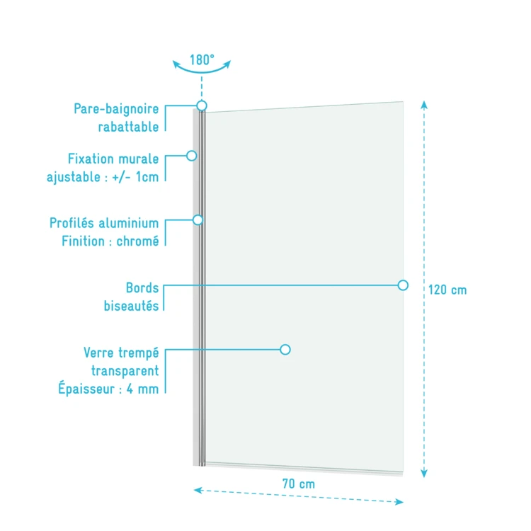 Pare baignoire rabattable en verre trempé