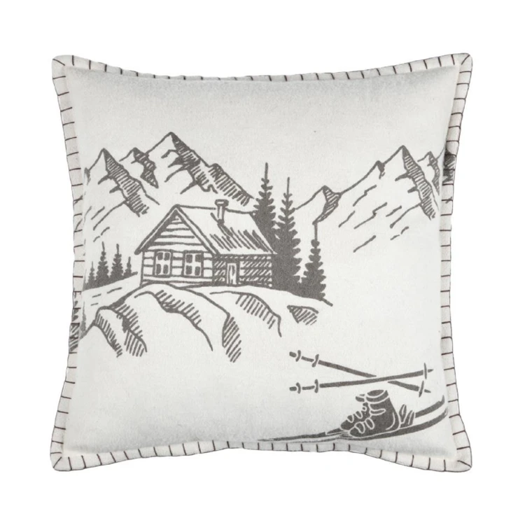 Coussin montagnes et chalet en velours de coton imprimé