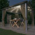 Pérgola con cortinas y luces LED de 3x3 m